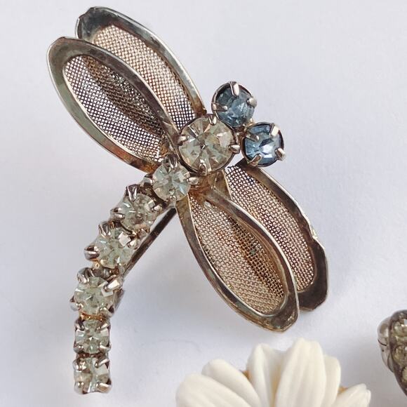 VTG Lot of 3 Mid Century Brooches Rhinestone Enamel Insect Floral Pins - Picture 4 of 16